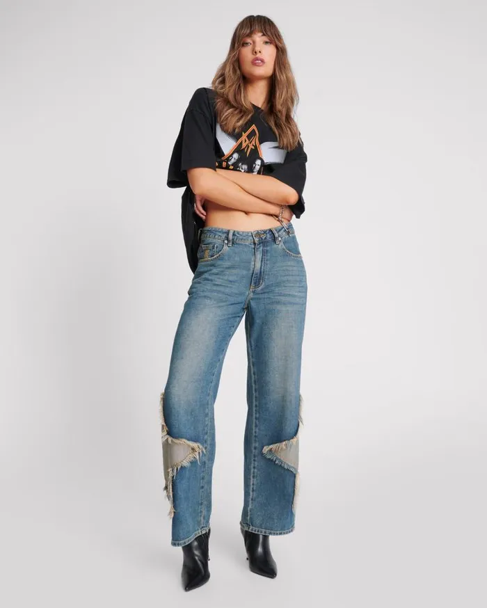 One Teaspoon Denim Jeans Women Memphis Star Jacksons Mid Waist Wide Leg Jeans