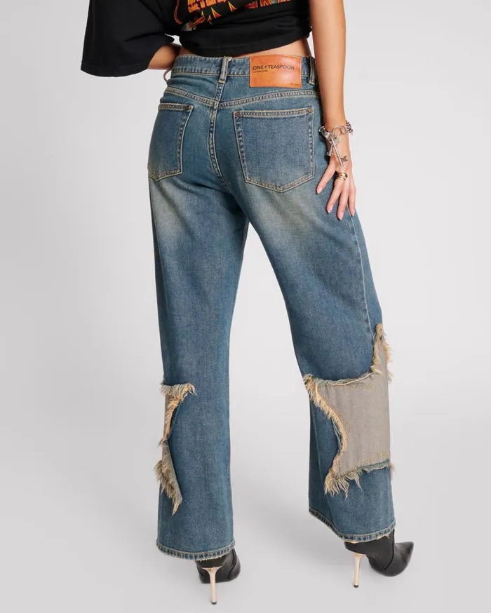 One Teaspoon Denim Jeans Women Memphis Star Jacksons Mid Waist Wide Leg Jeans