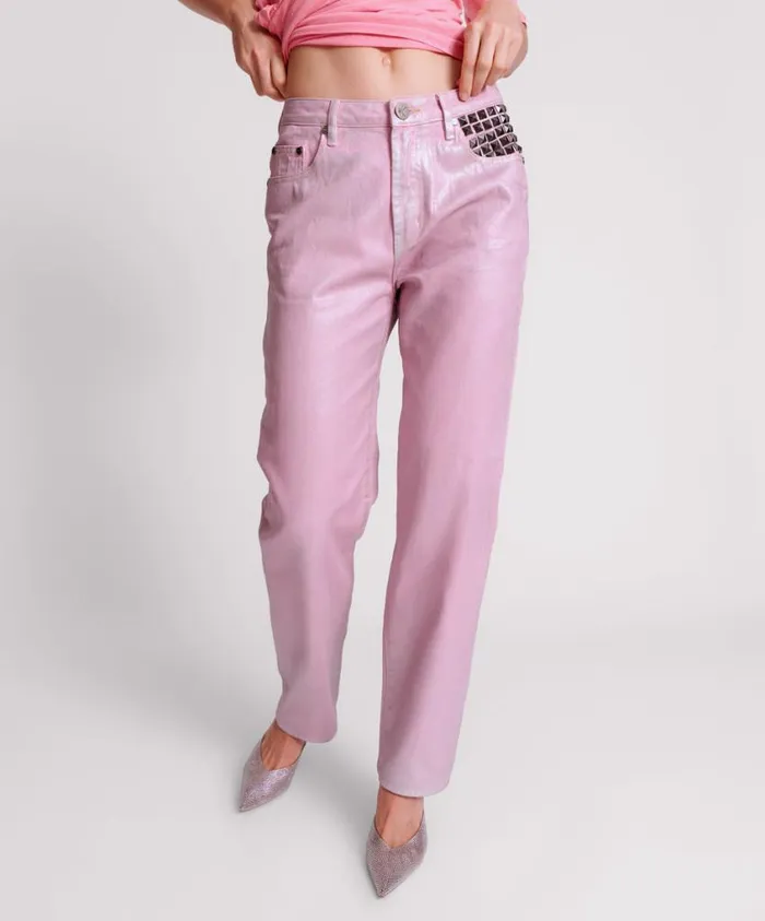 One Teaspoon Denim Jeans Women Pink Envy Foil Awesome Baggies High Waist Jean