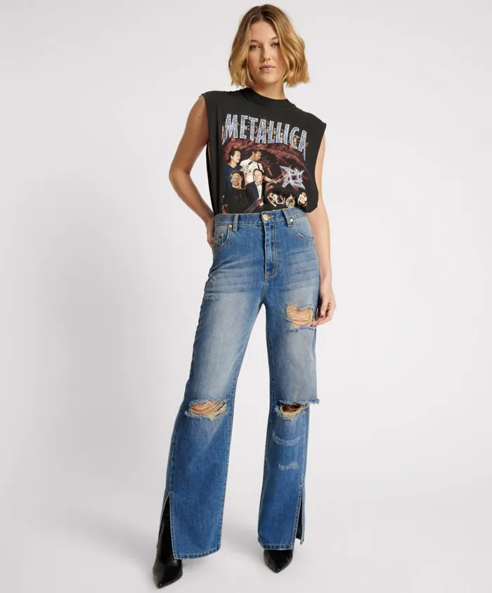 One Teaspoon Denim Jeans Women Shredded Gold Billie Low Slung Straight Leg Mid Waist Denim Jean One Teaspoon Denim Jeans Women Shredded Gold Billie Low Slung Straight Leg Mid Waist Denim Jean