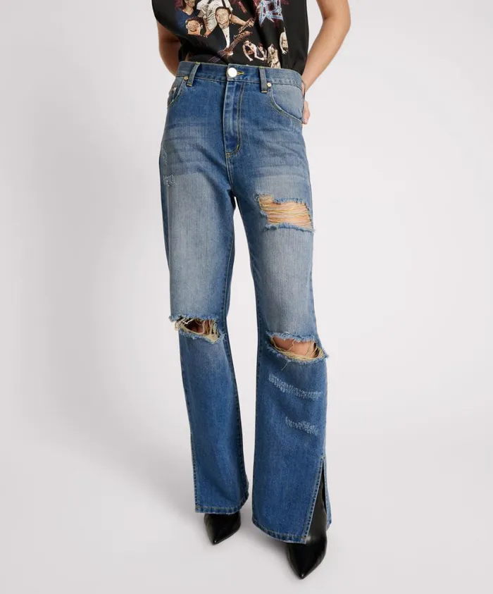 One Teaspoon Denim Jeans Women Shredded Gold Billie Low Slung Straight Leg Mid Waist Denim Jean