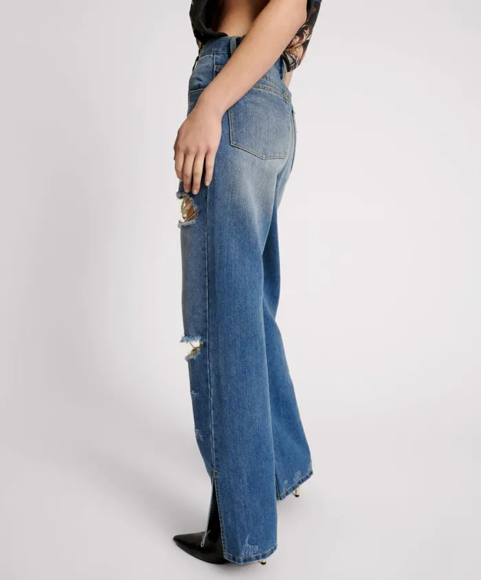 One Teaspoon Denim Jeans Women Shredded Gold Billie Low Slung Straight Leg Mid Waist Denim Jean