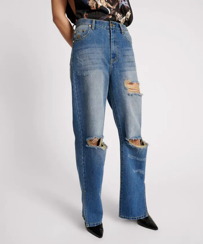 One Teaspoon Denim Jeans Women Shredded Gold Billie Low Slung Straight Leg Mid Waist Denim Jean
