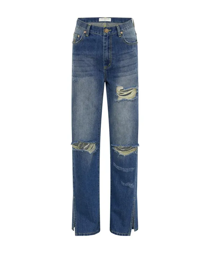 One Teaspoon Denim Jeans Women Shredded Gold Billie Low Slung Straight Leg Mid Waist Denim Jean