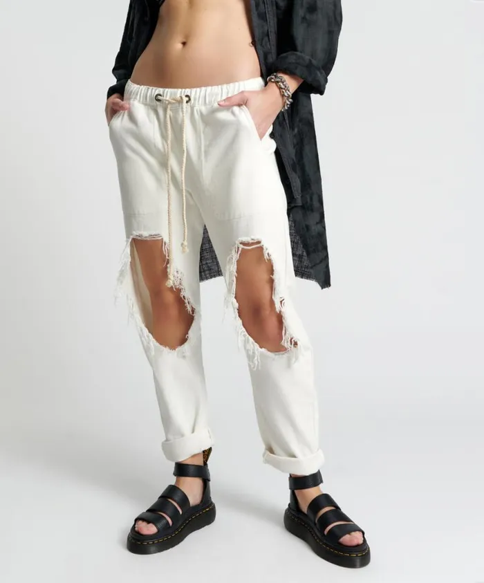 One Teaspoon Denim Jeans Women Soft White Shabbies Drawstring Boyfriend Jeans