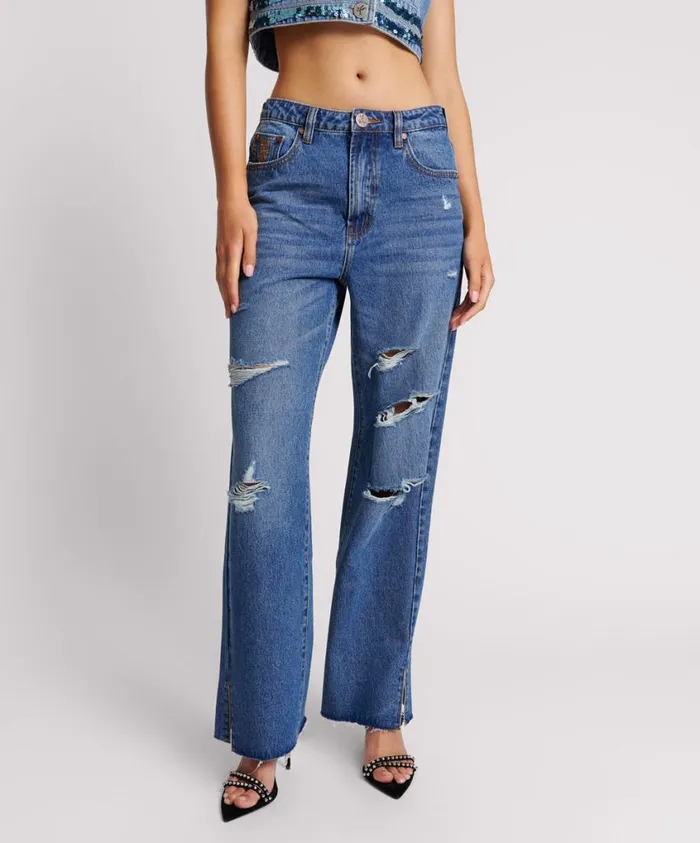 One Teaspoon Denim Jeans Women True Blue Straight Leg Mid Waist Denim Billie Jean