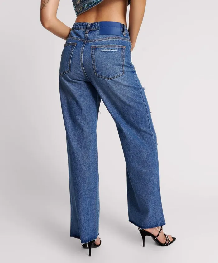 One Teaspoon Denim Jeans Women True Blue Straight Leg Mid Waist Denim Billie Jean