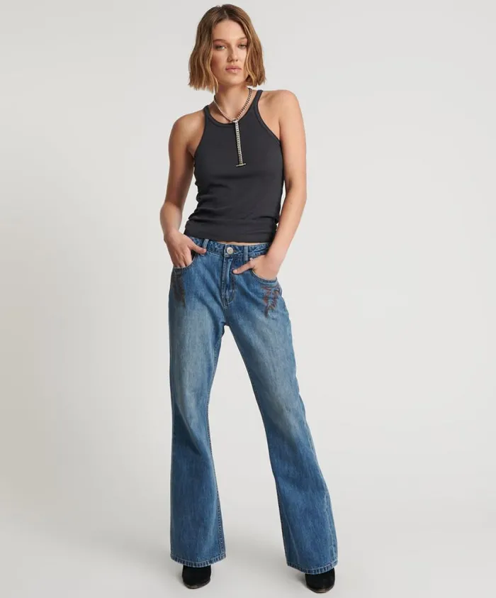 One Teaspoon Denim Jeans Women Westland Blue Motif Charlie Slim High Waist Bootcut Jeans One Teaspoon Denim Jeans Women Westland Blue Motif Charlie Slim High Waist Bootcut Jeans