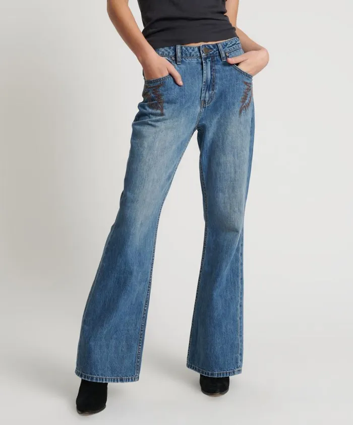 One Teaspoon Denim Jeans Women Westland Blue Motif Charlie Slim High Waist Bootcut Jeans