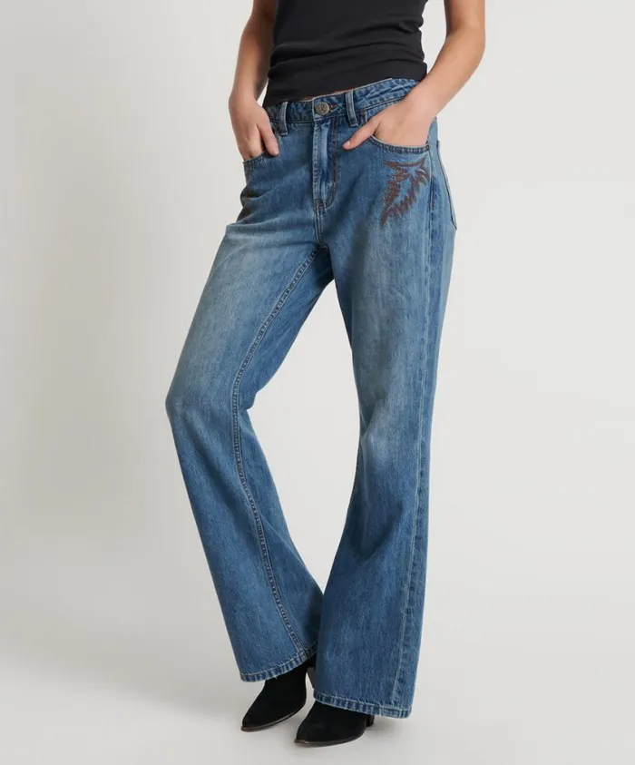 One Teaspoon Denim Jeans Women Westland Blue Motif Charlie Slim High Waist Bootcut Jeans