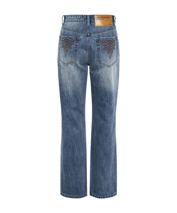 One Teaspoon Denim Jeans Women Westland Blue Motif Charlie Slim High Waist Bootcut Jeans