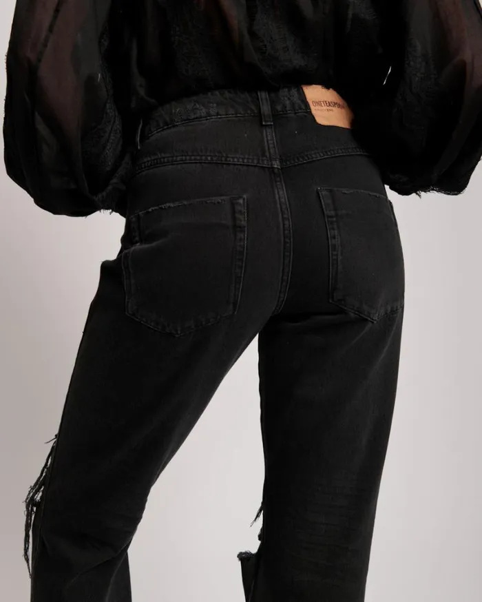 One Teaspoon Denim Jeans Women Worn Black Truckers Mid Rise Straight Leg Jean