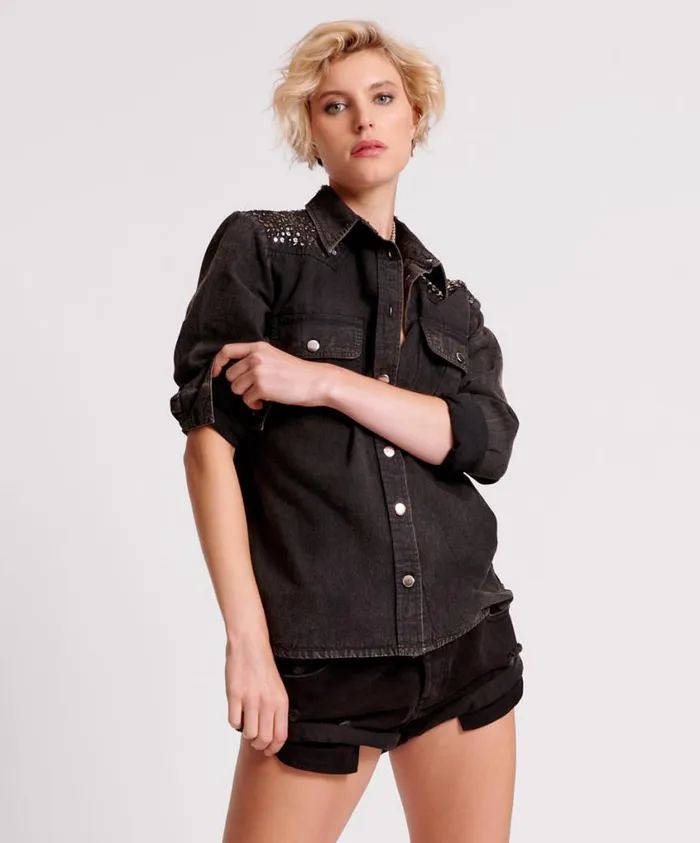 One Teaspoon Denim Shirts Women Black Hand Embellished Denim Western Shirt