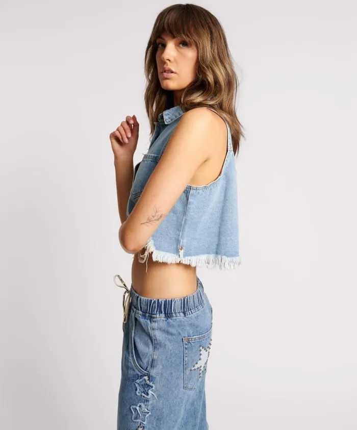 One Teaspoon Denim Shirts Women Bolt Blue Cropped Braxton Top