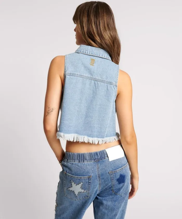 One Teaspoon Denim Shirts Women Bolt Blue Cropped Braxton Top