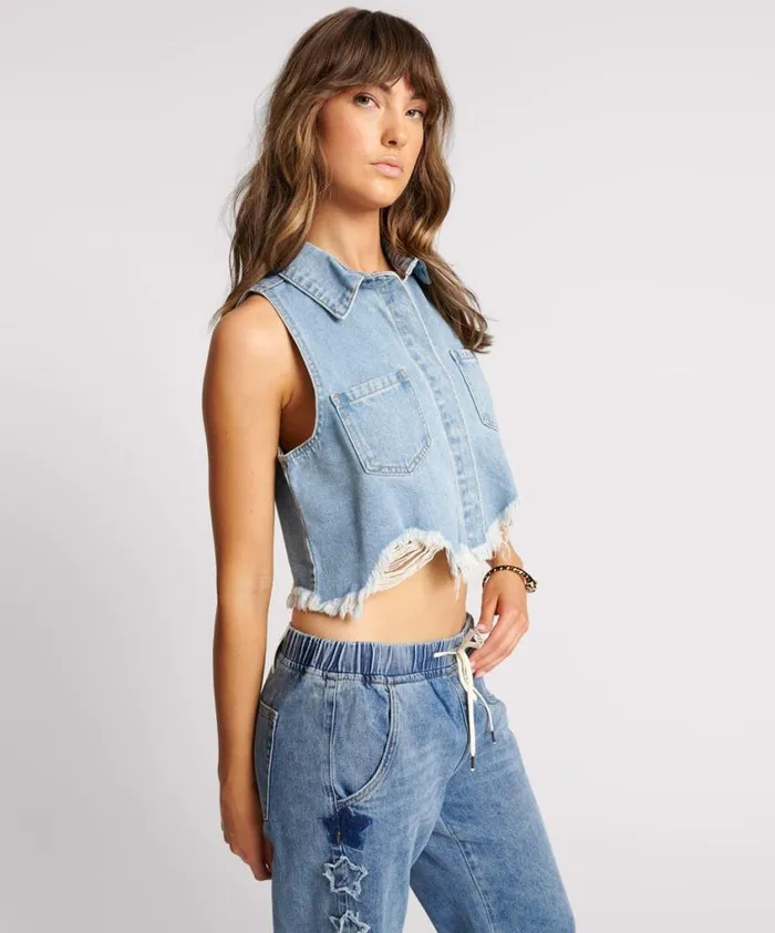 One Teaspoon Denim Shirts Women Bolt Blue Cropped Braxton Top