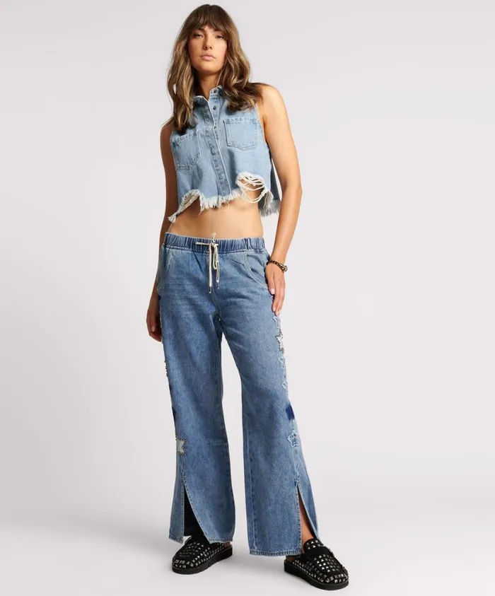 One Teaspoon Denim Shirts Women Bolt Blue Cropped Braxton Top