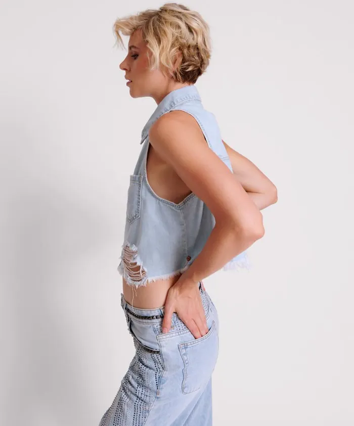 One Teaspoon Denim Shirts Women Classic Blue Braxton Denim Top
