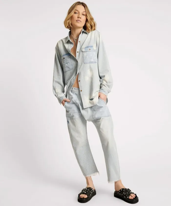 One Teaspoon Denim Shirts Women Painters Stripe Everyday Shirt
