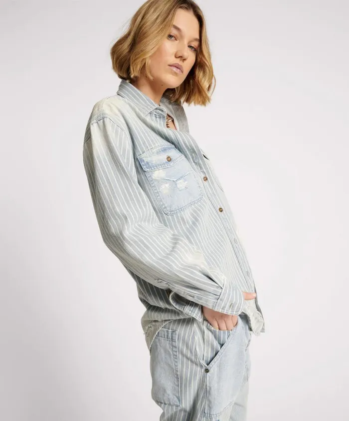 One Teaspoon Denim Shirts Women Painters Stripe Everyday Shirt