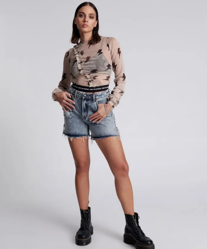 One Teaspoon Denim Shorts Women Blue Blossom Legend High Waist Mom Short