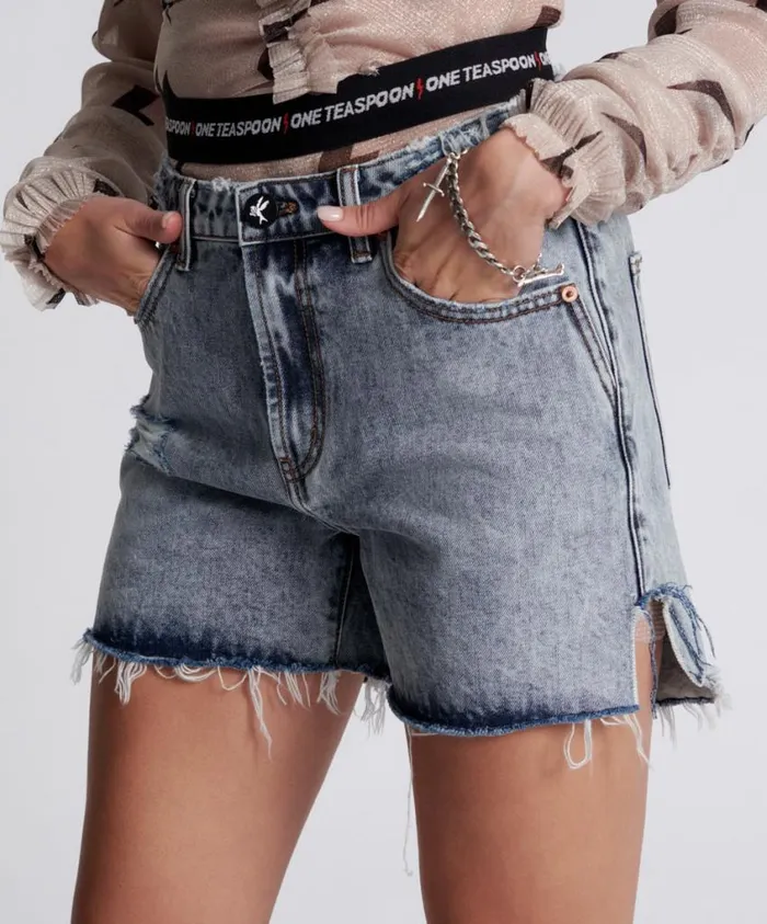 One Teaspoon Denim Shorts Women Blue Blossom Legend High Waist Mom Short