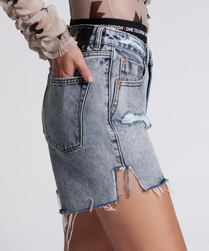One Teaspoon Denim Shorts Women Blue Blossom Legend High Waist Mom Short