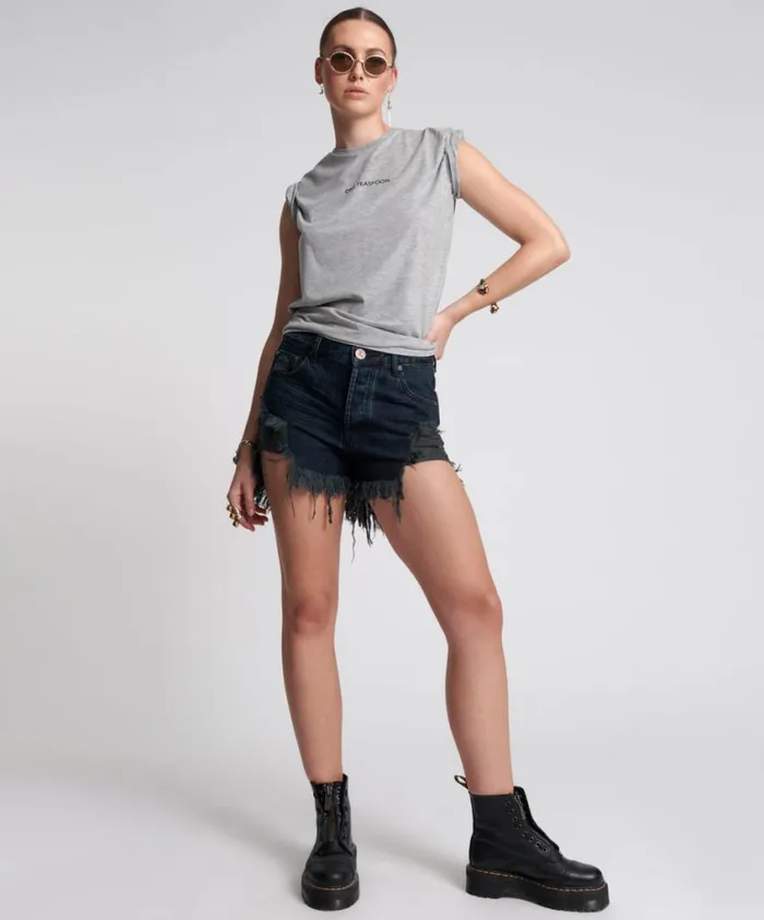 One Teaspoon Denim Shorts Women Fox Black Outlaws Mid Length Denim Short
