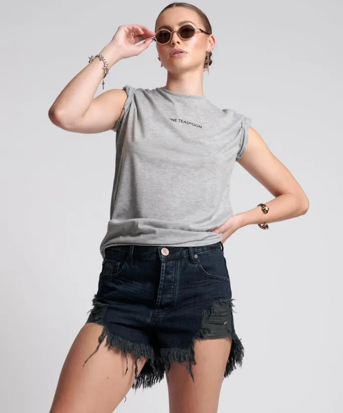 One Teaspoon Denim Shorts Women Fox Black Outlaws Mid Length Denim Short