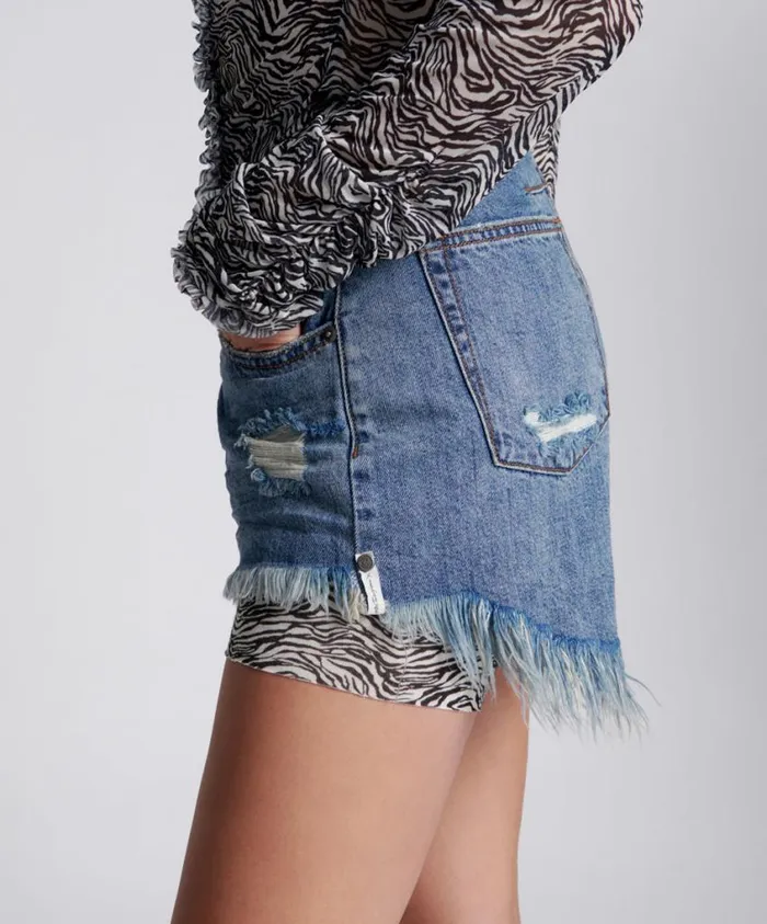 One Teaspoon Denim Shorts Women Johnny Blue Le Wolves Mid Length Denim Short