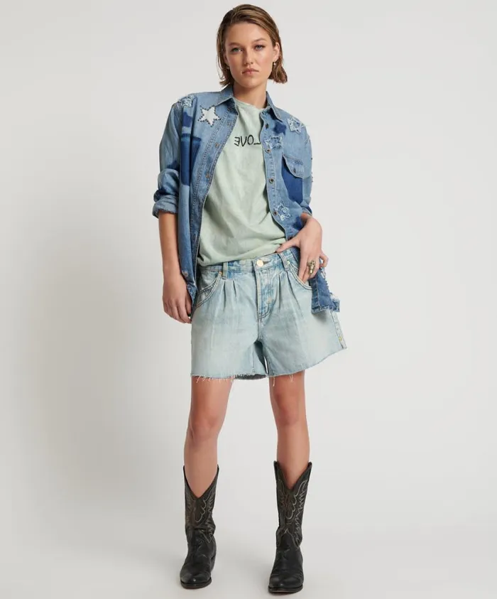 One Teaspoon Denim Shorts Women Kansas Blue Super Relaxed Shaker Short