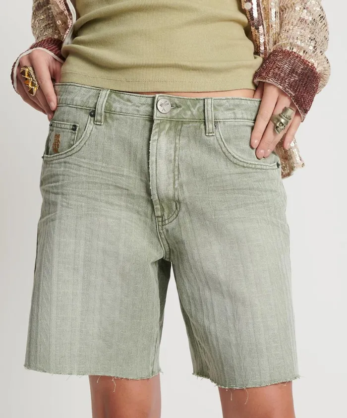 One Teaspoon Denim Shorts Women Khaki Logo Jacquard Jackson Mid Waist Wide Leg Shorts