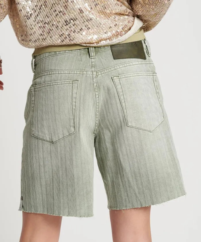 One Teaspoon Denim Shorts Women Khaki Logo Jacquard Jackson Mid Waist Wide Leg Shorts