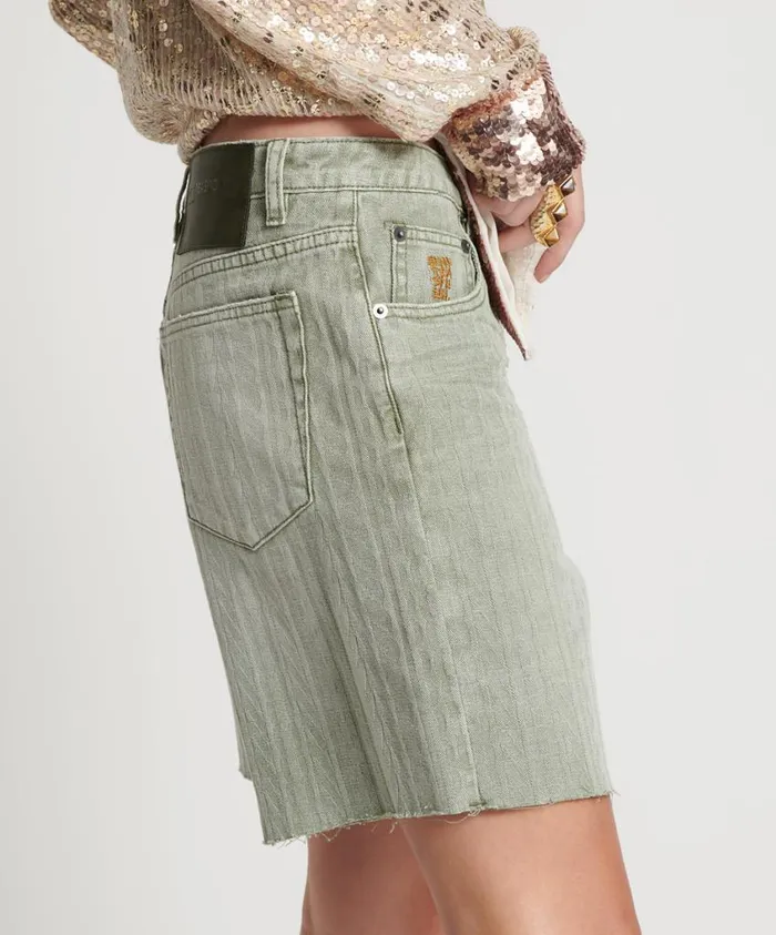 One Teaspoon Denim Shorts Women Khaki Logo Jacquard Jackson Mid Waist Wide Leg Shorts