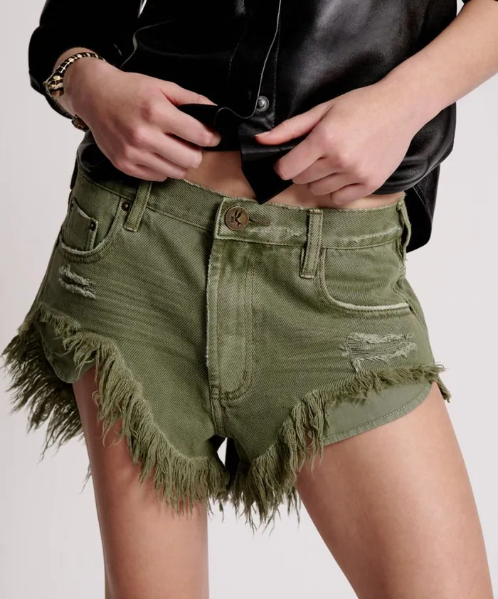 One Teaspoon Denim Shorts Women Military Khaki Rollers Denim Short
