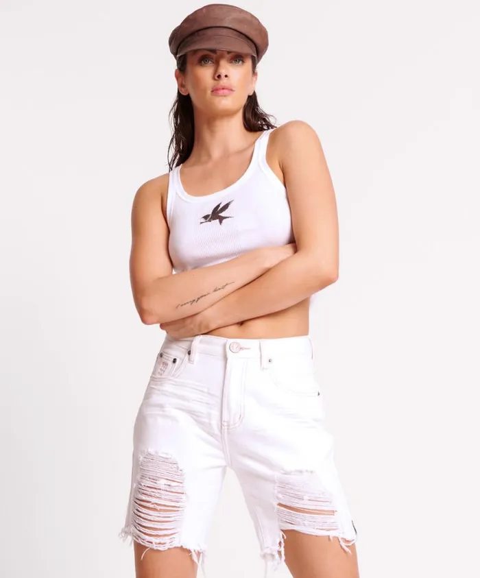 One Teaspoon Denim Shorts Women Pearl Stevies High Waist Long Length Boyfriend Short