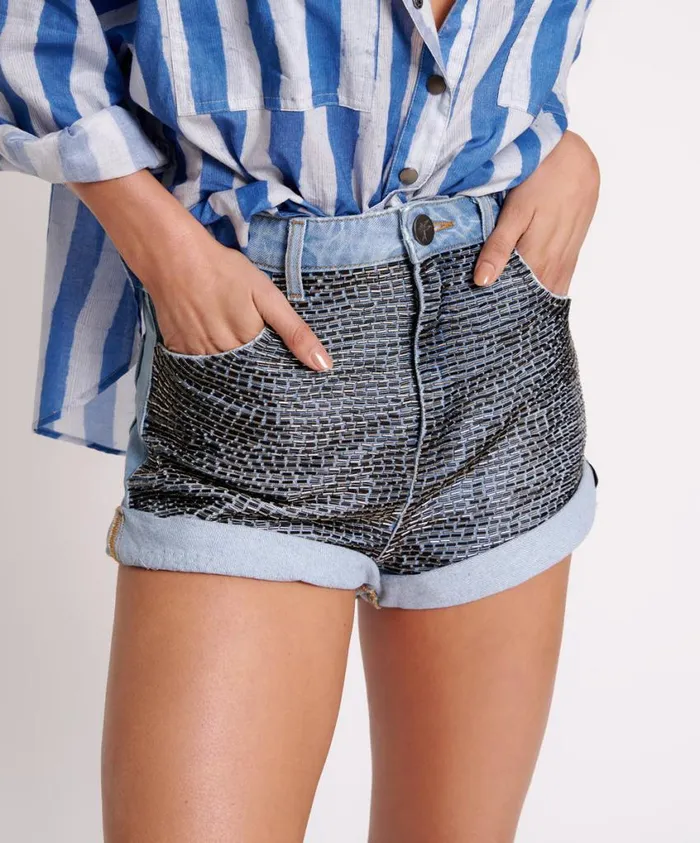 One Teaspoon Denim Shorts Women Railed Sequin Bandits High Waist Denim Short