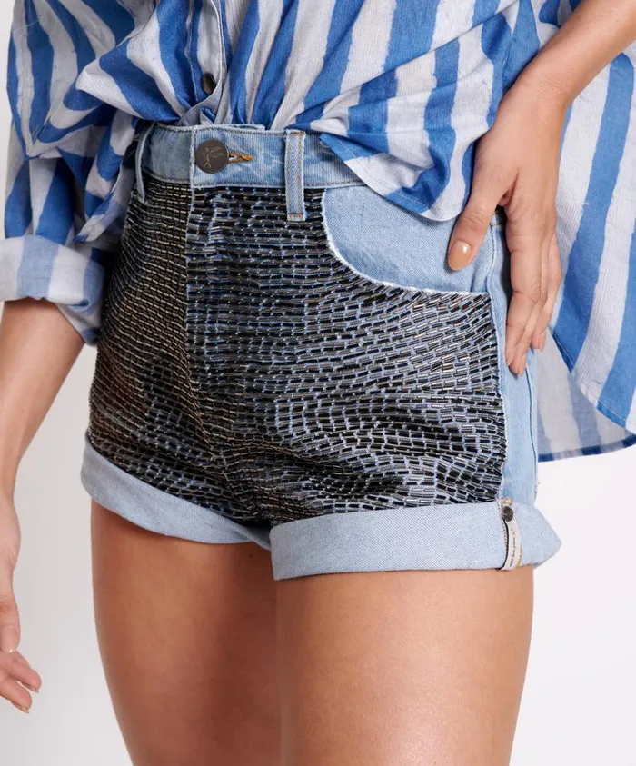 One Teaspoon Denim Shorts Women Railed Sequin Bandits High Waist Denim Short