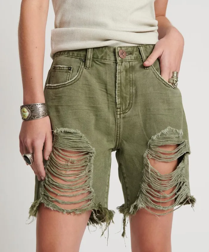 One Teaspoon Denim Shorts Women St Khaki Stevies High Waist Long Length Boyfriend Short
