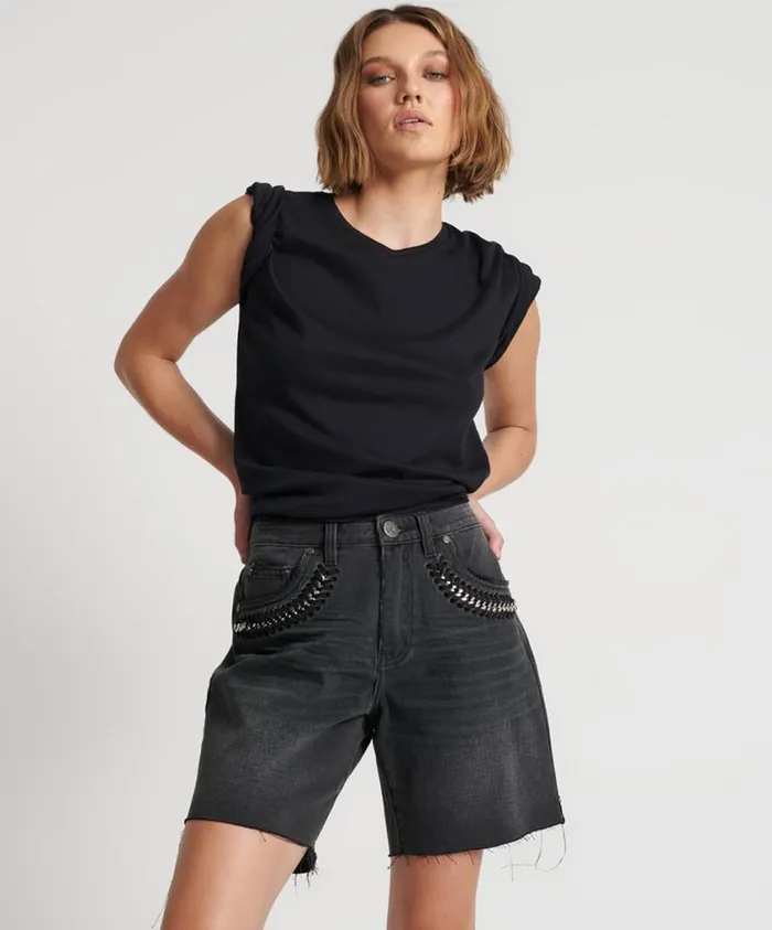 One Teaspoon Denim Shorts Women Storm Grey Jackson Mid Waist Wide Leg Shorts