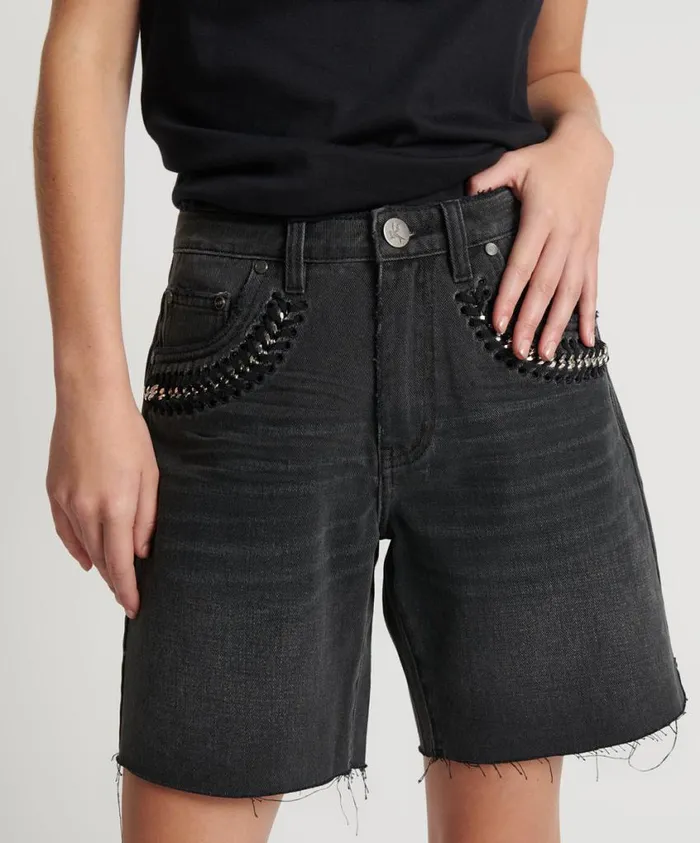 One Teaspoon Denim Shorts Women Storm Grey Jackson Mid Waist Wide Leg Shorts