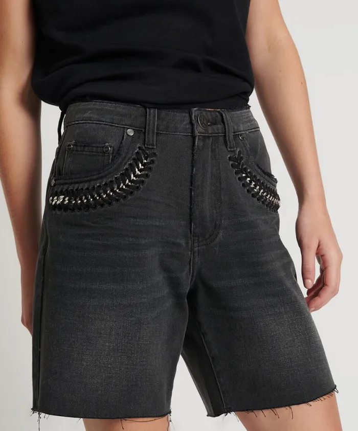 One Teaspoon Denim Shorts Women Storm Grey Jackson Mid Waist Wide Leg Shorts