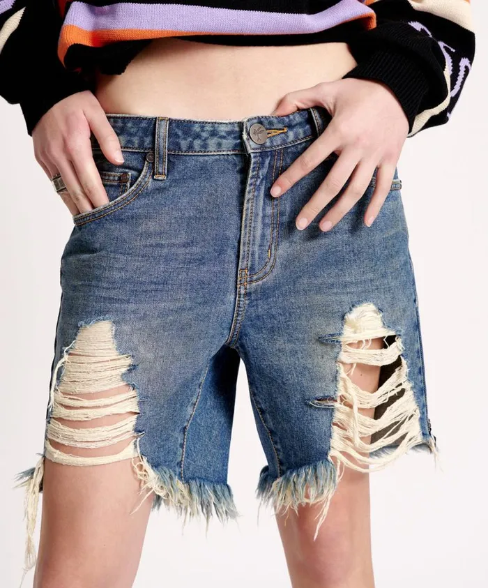 One Teaspoon Denim Shorts Women Used Blue Stevies Long Length Boyfriend Short