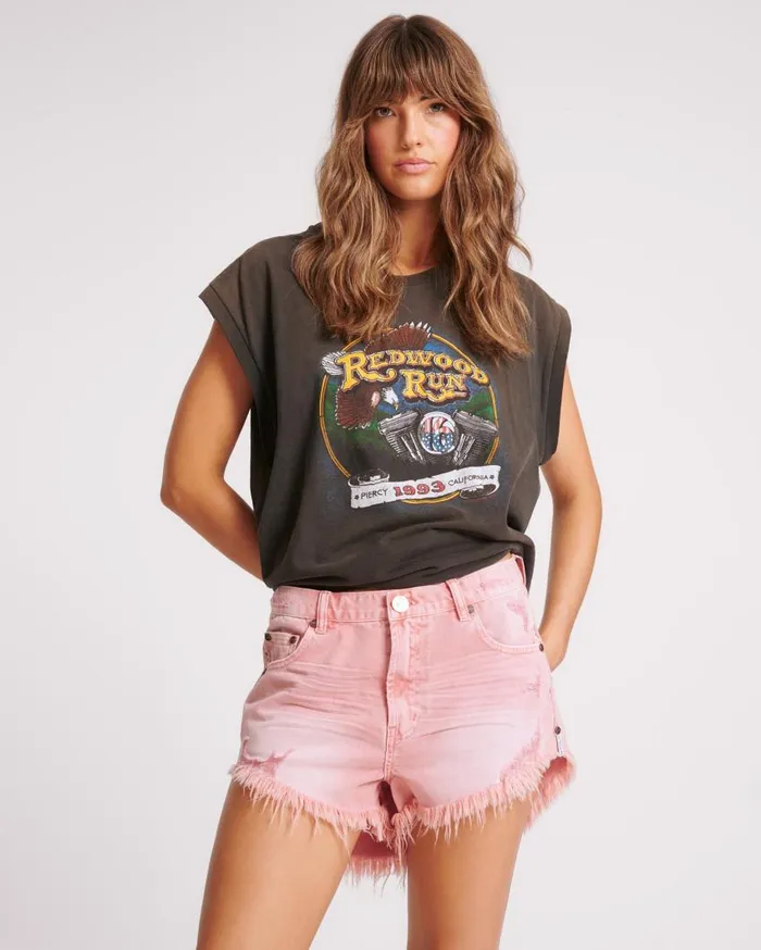 One Teaspoon Denim Shorts Women Vintage Red Outlaws Mid Length Denim Shorts