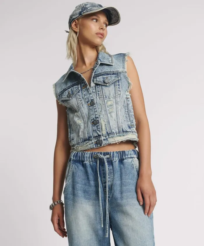 One Teaspoon Denim Tops Women Acid Blue Cropped Denim Trucker Vest