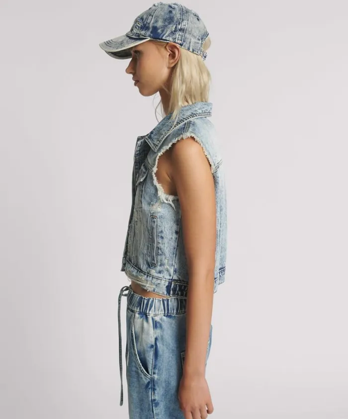 One Teaspoon Denim Tops Women Acid Blue Cropped Denim Trucker Vest