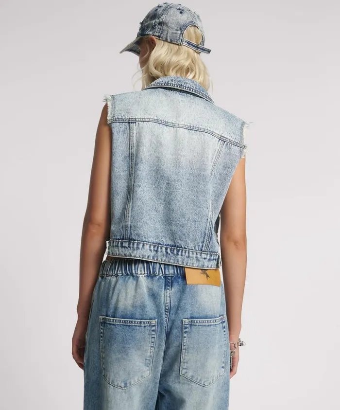 One Teaspoon Denim Tops Women Acid Blue Cropped Denim Trucker Vest