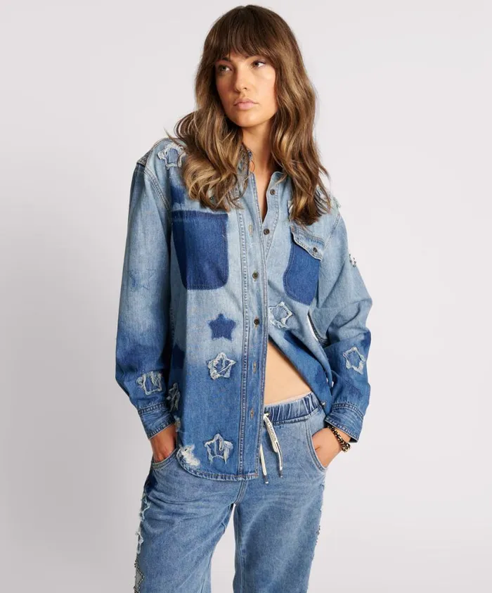 One Teaspoon Denim Tops Women Johnny Blue Star Classic Everyday Shirt