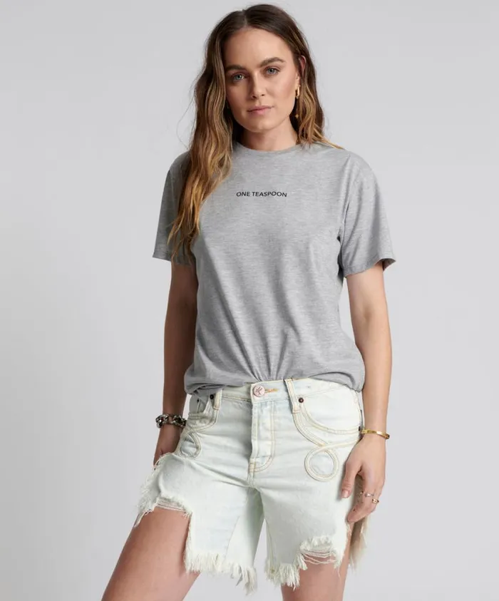 One Teaspoon Graphic Tees Women One Teaspoon Crew Neck Logo Tee Grey USA