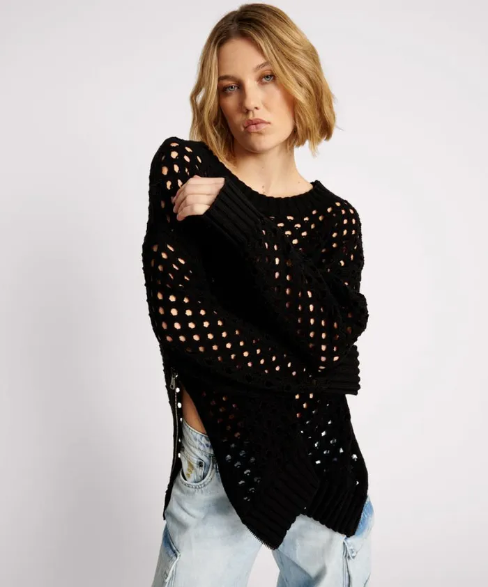 One Teaspoon Knitwear Women Knitted Fishnet Sweater Zip Side USA